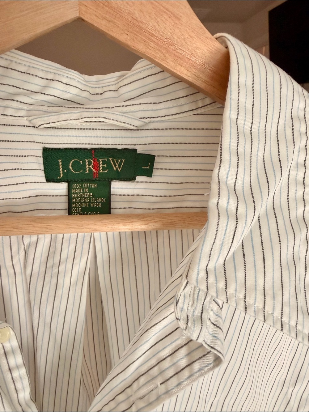 J. Crew Men's White Button-Down Shirt with Navy and Brown Pinstripes